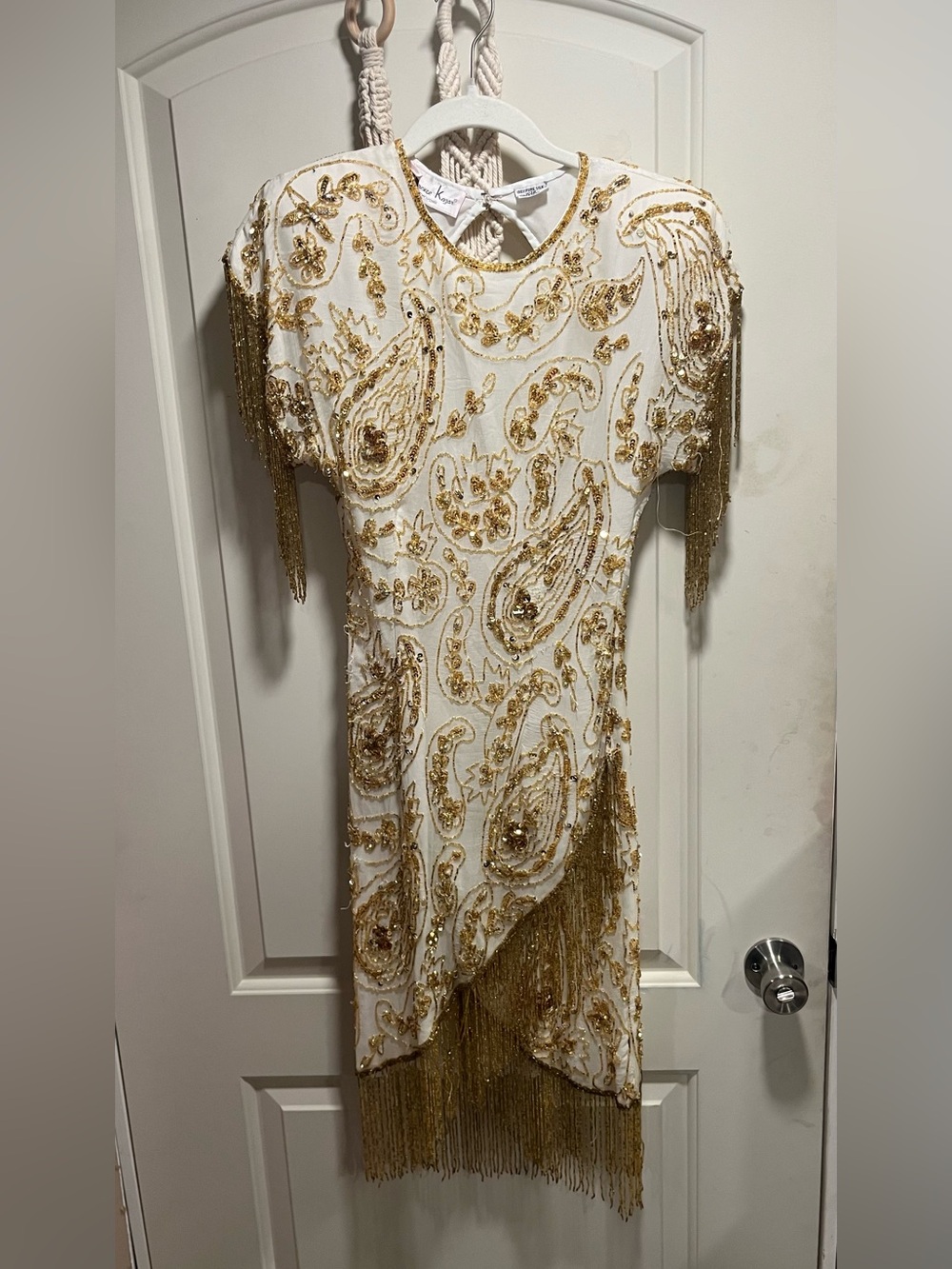 Lawrence Kazar New York 100% silk Embellished White and Gold Beaded Fringe Dress